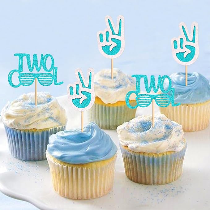Ercadio 24 Pack Two Cool Cupcake Toppers Glitter Blue Two Cool Happy 2nd Birthday Cake Picks Baby Shower Kids Second Birthday Party Cake Decorations