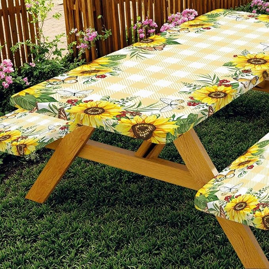 Sunflower Picnic Table Cover with Bench Covers, Yellow Buffalo Plaid Summer Floral Farmhouse Waterproof Tablecloth for Camping Indoor Outdoor Party Decorations, 30X72in