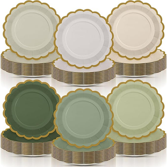 96 Pcs Sage Green Paper Plates 9 Inch Gradient Scalloped Paper Disposable Dinner Dessert Plates for Birthday Wedding Bridal Party Supplies, 6 Colors