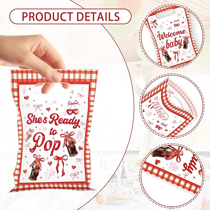 MOIZYNG She's Ready to Pop Baby Shower Decorations, 50Pcs Soda Pop Drink Themed Plastic Candy Treat Goodie Gift Bags with Handles for Girls Baby Shower Party Supplies