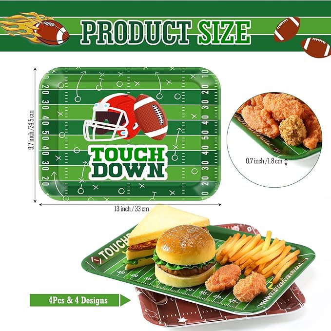 4 Pieces Serving Trays Melamine Platters Reusable Rectangle Party Trays for Theme Party Food Dessert Serving Supplies, 13 x 9.7 inch(Green,Football)