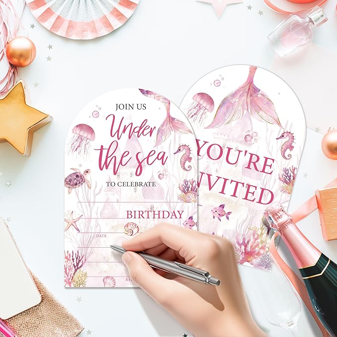 Under The Sea Birthday Party Invitations, Ocean Animals Mermaid Birthday Invitations for Girls, 20 Invitation Cards with Envelopes, Under the Sea Party Decorations 4x6 Inch