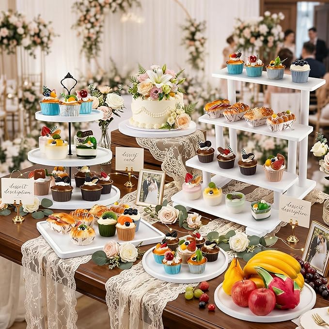 Roowest Wood Cake Stands Set of 6 Wood Dessert Tower Dessert Trays Desert Stands Cupcake Stand Rustic 3 Tier Farmhouse Cupcake Serving Stands with Dessert Trays for Tea Party(White)