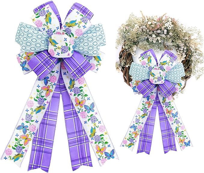 Spring Floral Wired Edge Ribbon, 2.5 Inch Wide Purple Rose Butterfly Burlap Ribbon, 4 Rolls for Mother's Day Summer Wreath Bow Making DIY Crafts Birthday Wedding Wrapping Party Decor Supplies (Purple)