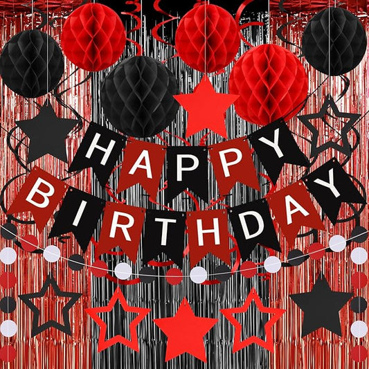 ZERODECO Birthday Decorations, Happy Birthday Banner with Paper Honeycomb, Star Hanging Swirl, Fringe Curtain, Garland, Party Decorations for Women Men Boys Girls (Black Red)