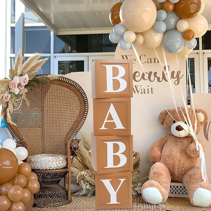 Teddy Bear Baby Shower Boxes Decorations, 4pcs Brown Baby Shower Blocks with Letters, Baby Shower Balloon Paper Boxes for Woodland Baby Shower Decor Boys Girls Gender Reveal Backdrop