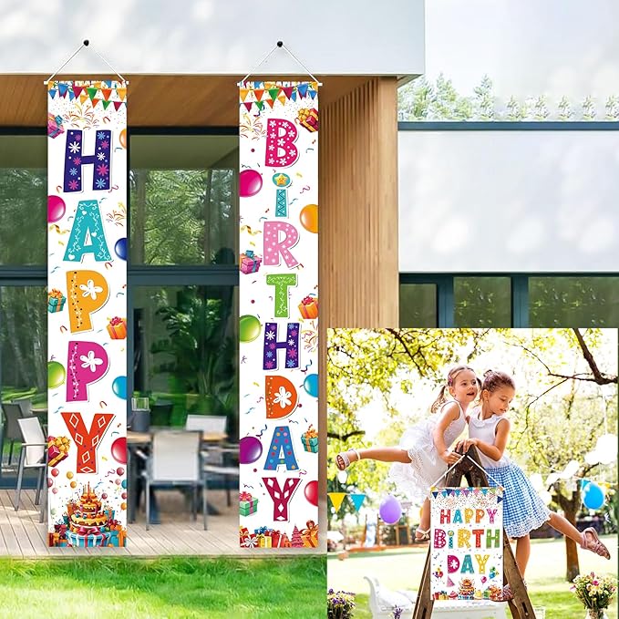 3 PCS Rainbow Happy Birthday Banner Set - Large 72" Photography Backdrop Door Porch Sign Wall Mount Party Decorations for Kids Boys Girls Indoor Outdoor Birthday Party Supplies (White)