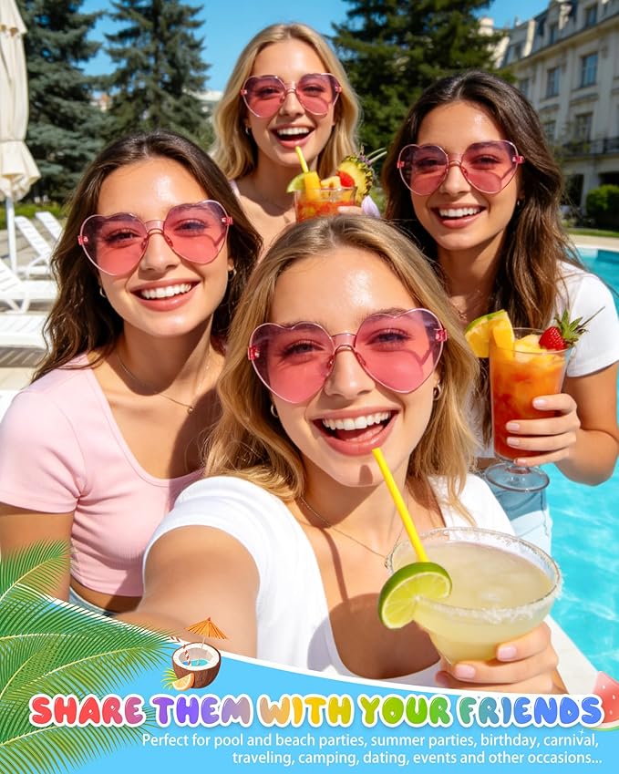 12 Pairs Heart Shaped Sunglasses Candy Color Rimless Fun Heart Glasses for Women Party Favors