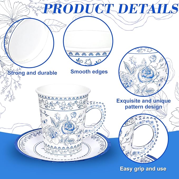 Whaline 80Pcs Blue White Floral Paper Tea Cups and Saucers Porcelain Chinoiserie Flower 9oz Disposable Teacups with Handle Dessert Plates for Wedding Baby Shower Birthday Spring Tea Party, Serves 40