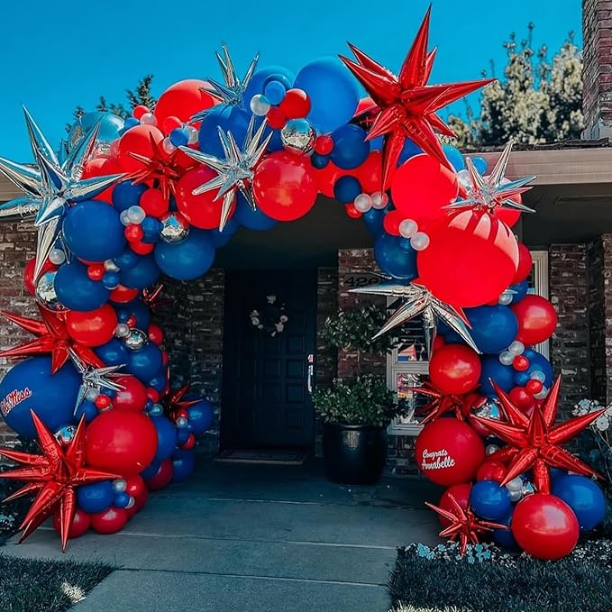 Red Blue Silver Balloon Arch Garland Kit, Memorial Day Patriotic 250th Anniversary USA Balloons 4D Ball Explosion Star Balloon for Independence Day Graduation 4th of July Baseball Birthday Party Decor