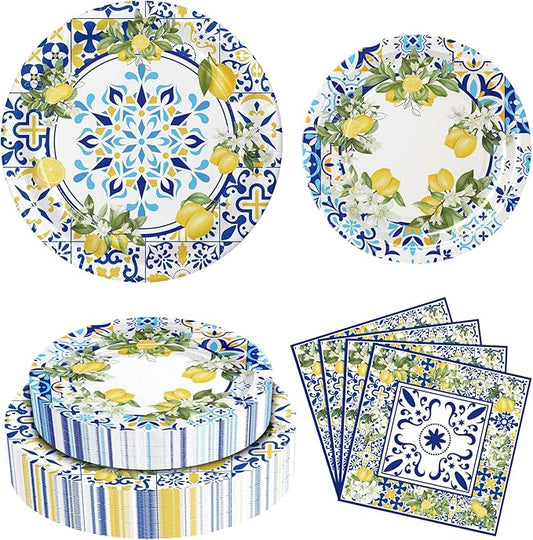 180PCS Capri Lemon Party Supplies – Amalfi Coast Lemon Paper Plates and Napkins Set, Blue Tiles Mediterranean Party Tableware Supplies for Summer Birthday Bridal Shower Party Supplies Decorations