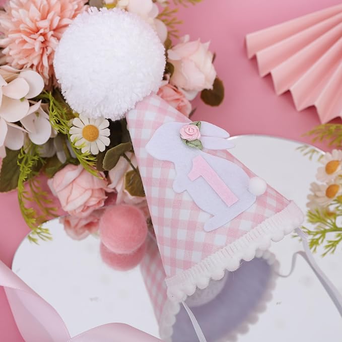 Some Bunny Is One Birthday Hat - Bunny 1st Birthday Decorations For Girls, Spring 1st Bday Decor, Easter Bday Crown, Pink Gingham First Bday Party Hat