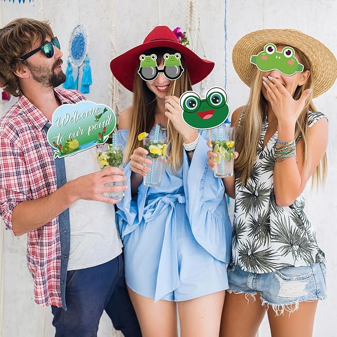 20 Pcs Frog Photo Booth Props Kit, Animal Party Selfie Decorations, Baby Shower, Rainforest Frog Birthday Party Photography Supplies