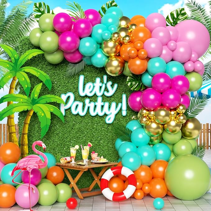 Flamingo Tropical Luau Balloons Arch Kit 162Pcs, Olive Green Hot Pink Orange Gold Summer Hawaiian Balloons Garland Kit for Aloha Birthday Baby Shower Summer Beach Pool Party Decorations