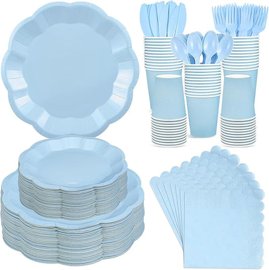 NatNarr 350 Pcs Light Blue Paper Plates and Napkins Set Include 9" Dinner Plates, 7" Dessert Plate Disposable Scalloped Tableware Serve 50 Guest for Wedding Boy Baby Shower Bridal Shower Birthday