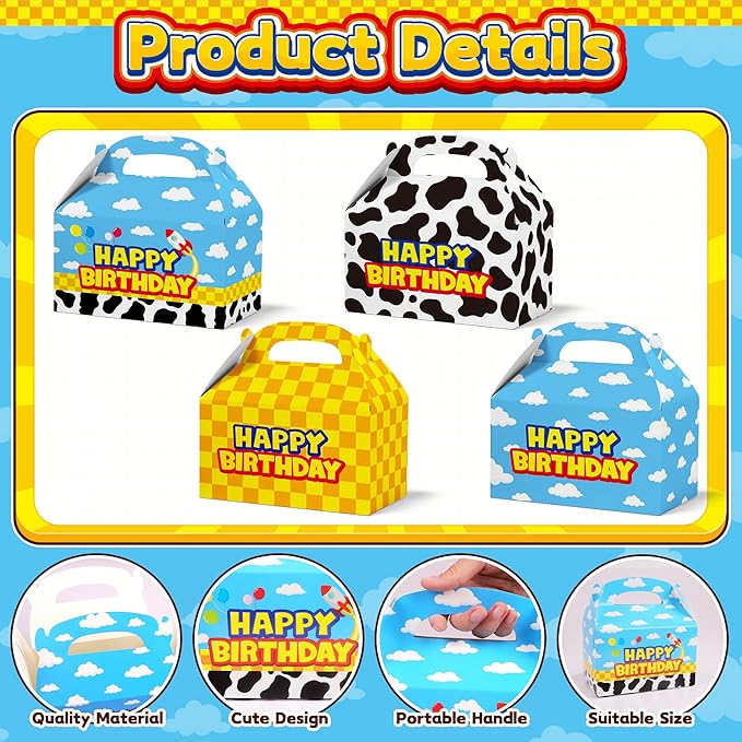 Bsenhe 16PCS Cartoon Gift Bag, Cartoon Birthday Decorations Goodie Bags Party Favor Boxes for Theme Birthday Party Supplies Sky White Cloud Cow Print Candy Bags