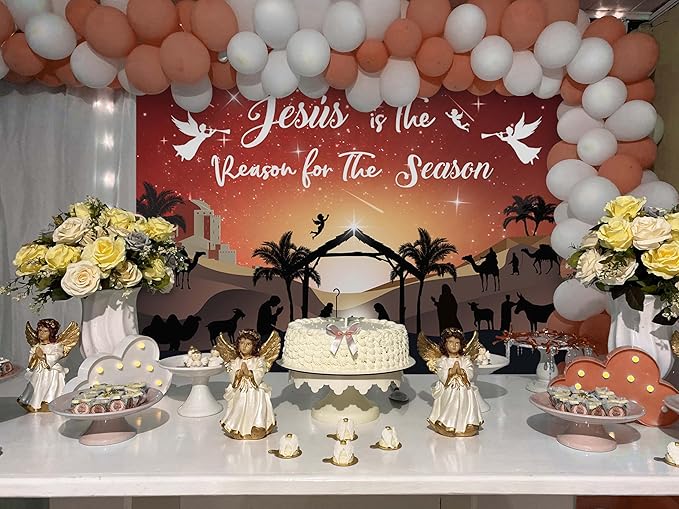 Mocsicka Christmas Nativity Backdrop - Large Merry Christmas Party Decorations Banner Xmas Jesus is The Reason for The Season Background Photo Booth (Red, 7x5ft(82"x60"))