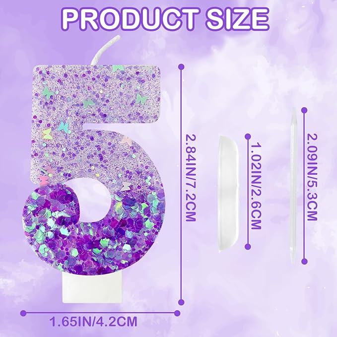 Purple Sequin Birthday Candles, Cake Number Candles, Girls 0th Birthday Decorations, Suitable for Birthday Parties, Anniversary Party Decorations(5)