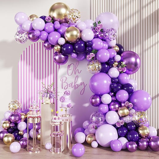 MEBAY Purple Black and Gold Balloon Arch Kit, 147PCS Latex Balloons Different Sizes 18 12 10 5 inch for Baby Shower Girl Princess Birthday Wedding Engagements Anniversary Party Decoration