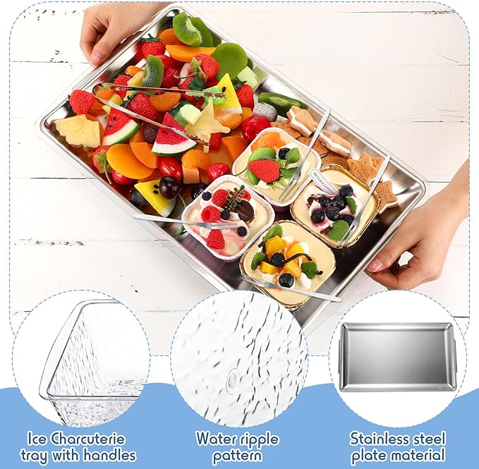 Baderke 4 Set 16 x 9.45 Chilled Serving Tray for Parties with Compartments Ice Chilled Party Platter Charcuterie Serving Board with Forks Tongs for Fruit Seafood Vegetable Appetizer (Silver)