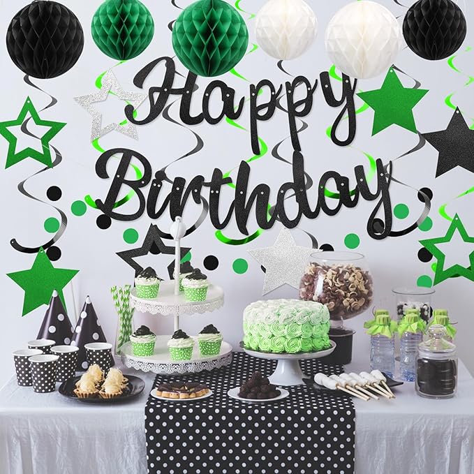 YEOCU Birthday Decorations, NO DIY, Pre-Strung Happy Birthday Banner with Honeycomb Ball, Hanging Swirl, Circle Dots Garland, Happy Birthday Party Decorations for Women Men Boys Girls (Green & Black)