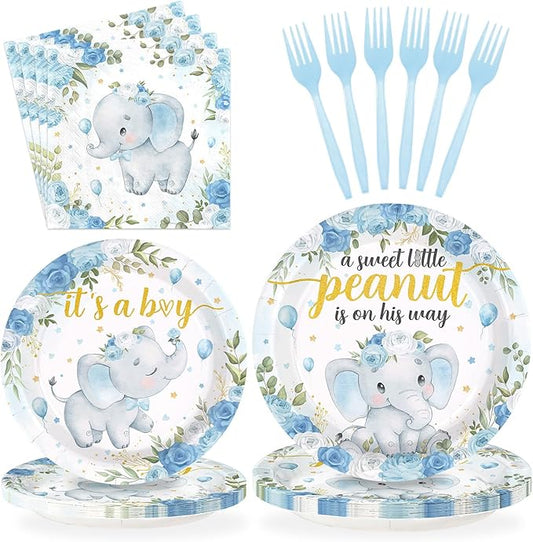 96Pcs Elephant Baby Shower Party Decorations Blue Elephant Plates and Napkins Tableware Set Baby Blue Floral Cute Themed Decorations Favors for Boy Girl Gender Reveal Birthday Party Supplies Serves 24