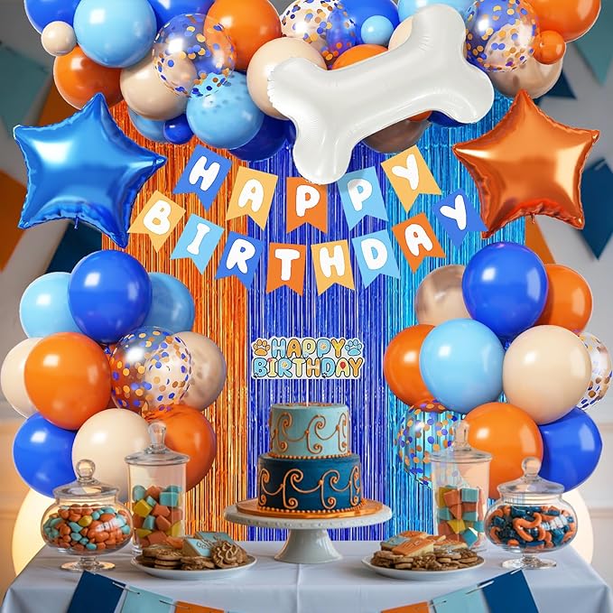 Orange and Blue Birthday Decorations for Boys, Orange Light Blue Nude Confetti Latex Balloons Dog Paw Cake Topper Bone Star Foil Balloon Happy Birthday Banner for Girl Boy Cartoon Theme Party Supplies