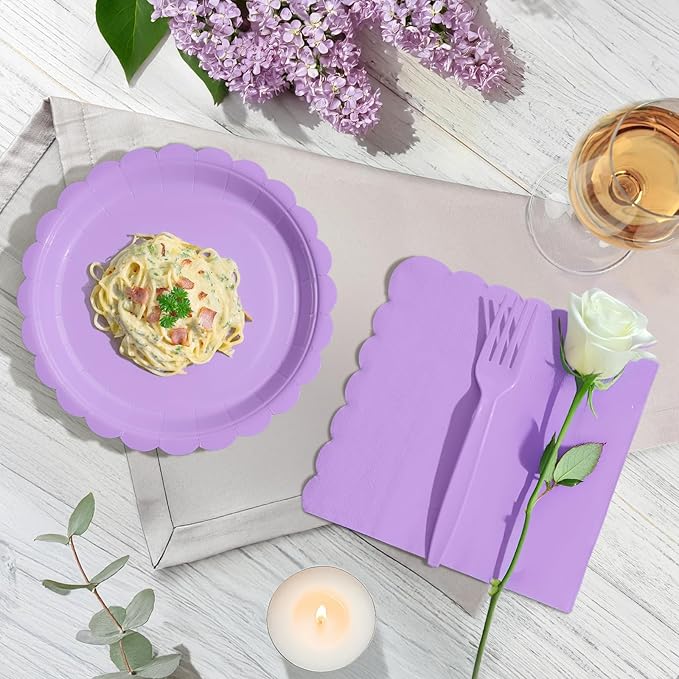 105PCS Paper Plates and Napkins Set, 7 Inch Scalloped Disposable Tableware with Forks for Birthdays, Garden Parties & Outdoor Events, Serves 35 (Light Purple)