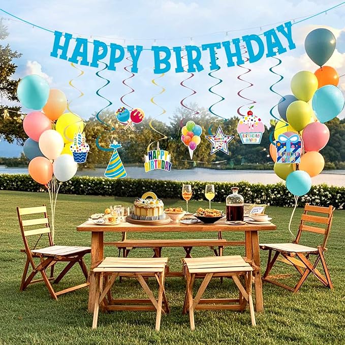 Pre-Strung Blue Birthday Decorations Boys - 9PCS Happy Birthday Banner Hanging Swirls Decorations Supplies Cheers to Boy's Birthday Party