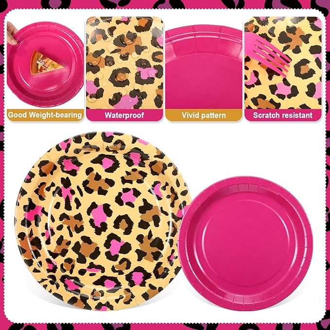 Uiifan 144 Pcs Pink Cheetah Print Party Decorations Supplie Set - Disposable Leopard Tableware Set for 24 Guests with Plate Plastic Spoons Forks Knives Napkins, Jungle Animal Birthday Cheetah Theme