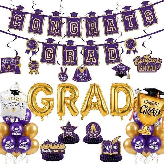 Purple Gold Balloon Garland Arch Kit with backdrop Stars Graduation Cap crown GRAD Letters Mylar Balloons for 2026 graduate Prom Decorations