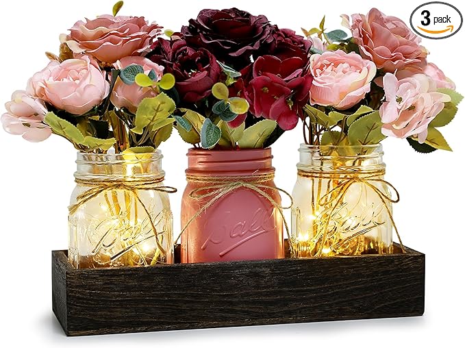 Mason Jar Centerpiece Table Decor for Dining Room Farmhouse Coffee Table Decor with Wood Tray Fairy Lights Fake Flowers for Valentine's Day Kitchen Living Dining Room - Burgundy Pink