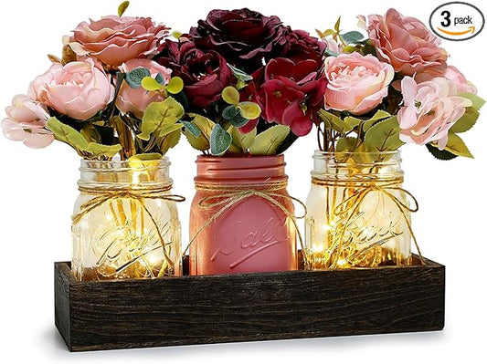 Mason Jar Centerpiece Table Decor for Dining Room Farmhouse Coffee Table Decor with Wood Tray Fairy Lights Fake Flowers for Valentine's Day Kitchen Living Dining Room - Burgundy Pink