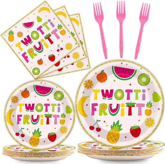 OBUSATT 96Pcs Twotti Frutti Party Supplies Summer Fruit 2nd Birthday Paper Plates Napkins Fruit Party Decorations Lemon Watermelon Pineapple Strawberry Dinnerware Favor Tableware Serves 24