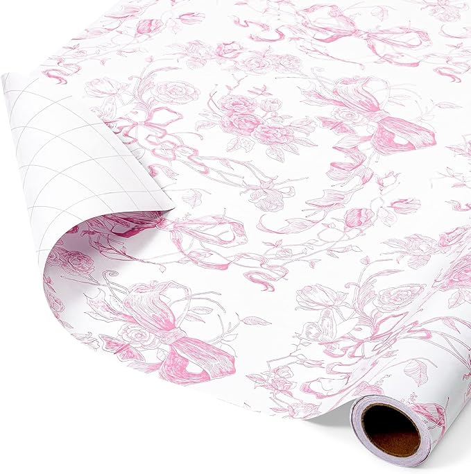 WERNNSAI Pink Bow Floral Wrapping Paper - 1 Roll 17”x 33 ft Vintage Flower Gift Wrap Paper Pink Bow Princess Gift Packing for Girls Bridal Shower Wedding Coquette Birthday Party Favor