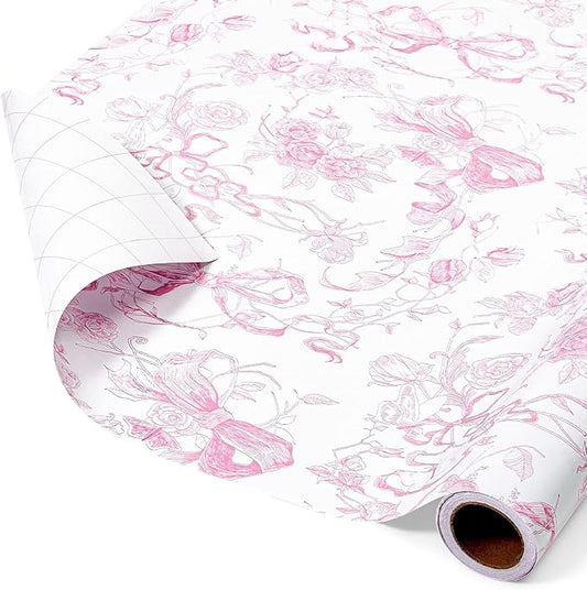 WERNNSAI Pink Bow Floral Wrapping Paper - 1 Roll 17”x 33 ft Vintage Flower Gift Wrap Paper Pink Bow Princess Gift Packing for Girls Bridal Shower Wedding Coquette Birthday Party Favor