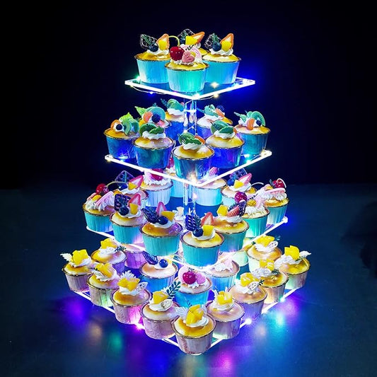 Cupcake Stand, 4-Tier Square Cupcake Holder with LED light String, Acrylic Cupcake Tower Display-Dessert Tower-Pastry Stand-Cupcake Tier Stand for Wedding, Birthday party ( Colorful Light)