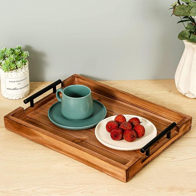 Coffee Table Tray Decorative Nested Vintage Wood Serving Tray Set for Eating, Breakfast, Party, Kitchen, Ottoman,Tea Coffee Table Large Ottoman Trays (Wood, 2pc)