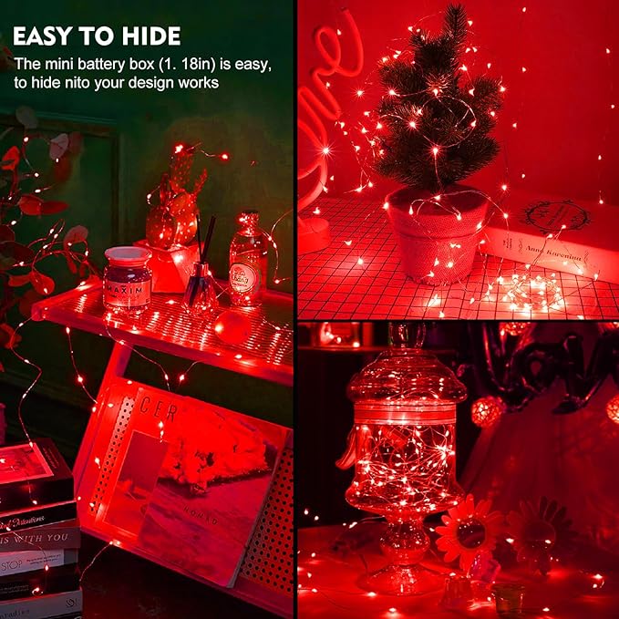 pozzolanas 12 Pack Red Fairy Lights Battery Operated 3 Modes 7FT 20 LED Waterproof String Lights Twinkle Silver Wire for Mason Jars Wedding Christmas Halloween Party Decor (12, Red)