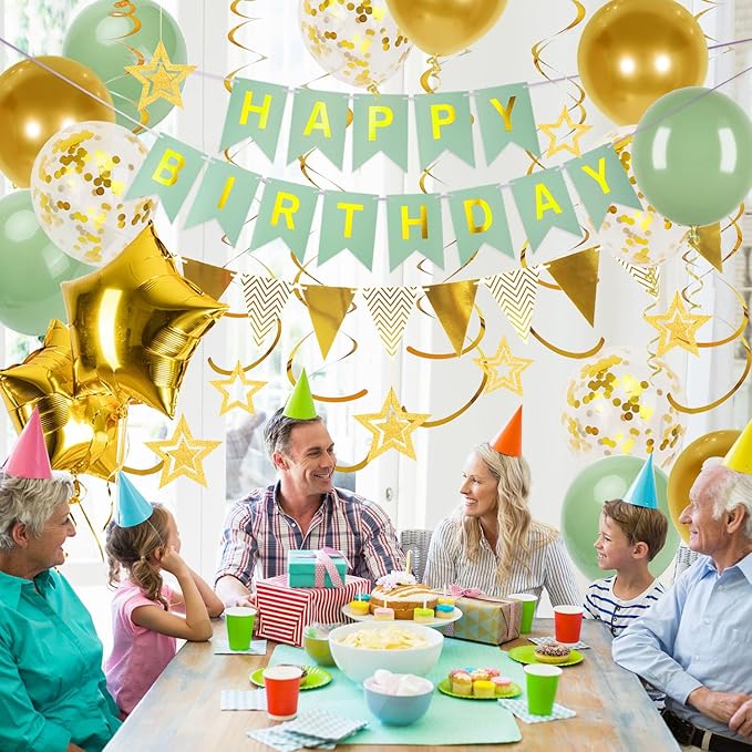 Green Gold Birthday Decorations, Happy Birthday Banner and Gold Star Balloons, Glitter Hanging Stars with Hanging Swirls, Bunting Banner, for Women Men Boys Party Decoration