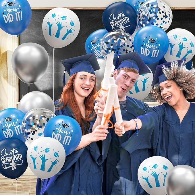 2026 Graduation Party Decorations, 70pcs Grad Balloons Blue and White Graduation Decor for College High School Class of 2026 Congrats Grad Party Decor