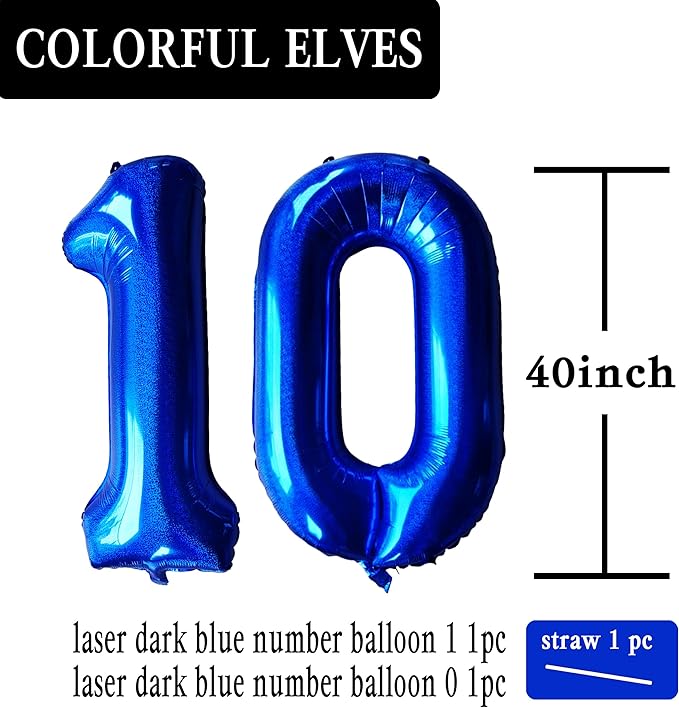 Laser Navy Blue Number 10 Balloons 40 Inch Giant Number Dark Blue 10 Foil Mylar Balloons for 10th Birthday Anniversary Events Party Decorations