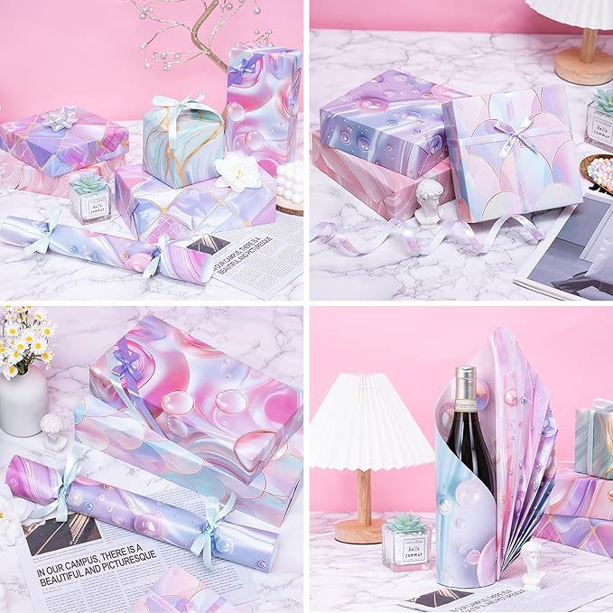 Larcenciel Holographic Gift Wrapping Paper, Iridescent Mermaid Scale Pattern, Pearl Finish, 6 Sheets with 6 Gift Bows –Pink & Purple Birthday Wrapping Paper for Girls Baby Shower Holiday All Occasions