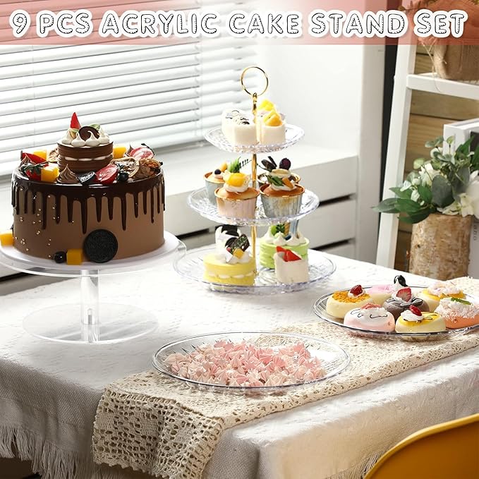 Pinkunn 9 Pcs Acrylic Cake Stand Set Include 4 Pcs 3 Tier Cupcake Tower 4 Round Dessert Tray 1 Cake Pedestal Stand Dessert Table Cupcake Holder for Birthday Wedding Baby Shower Party Decoration
