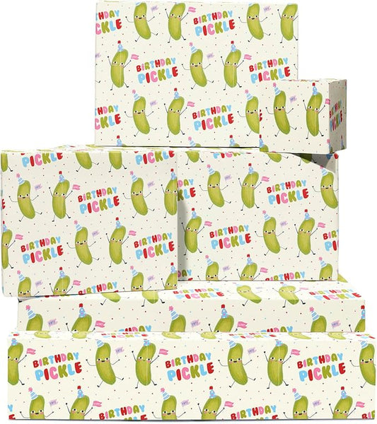 CENTRAL 23 Birthday Pickle Wrapping Paper - 6 Sheets Gift Wrap for Friends or Kids - Funny Birthday Design - Dancing Pickles with Party Hats and Confetti - Recyclable - Comes with Tags