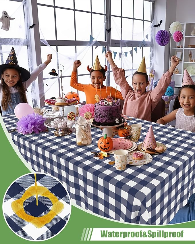Smiry 8 Packs Gingham Disposable Table Cloth, 54 x 108 Inch Waterproof Plastic Tablecloth, Rectangle Navy and White Checkered Table Covers for Picnic, Birthday, Party