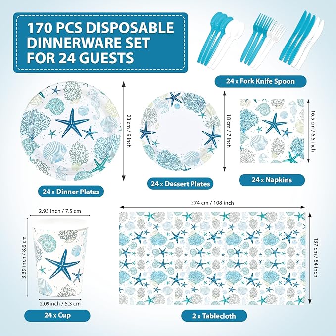 170Pcs Coastal Beach Party Decorations Under the Sea Plates Napkins Tablecloths Disposable Ocean Coral Starfish Tableware Set for Kitchen Summer Beach BBQ Holiday Party Supplies Serves 24