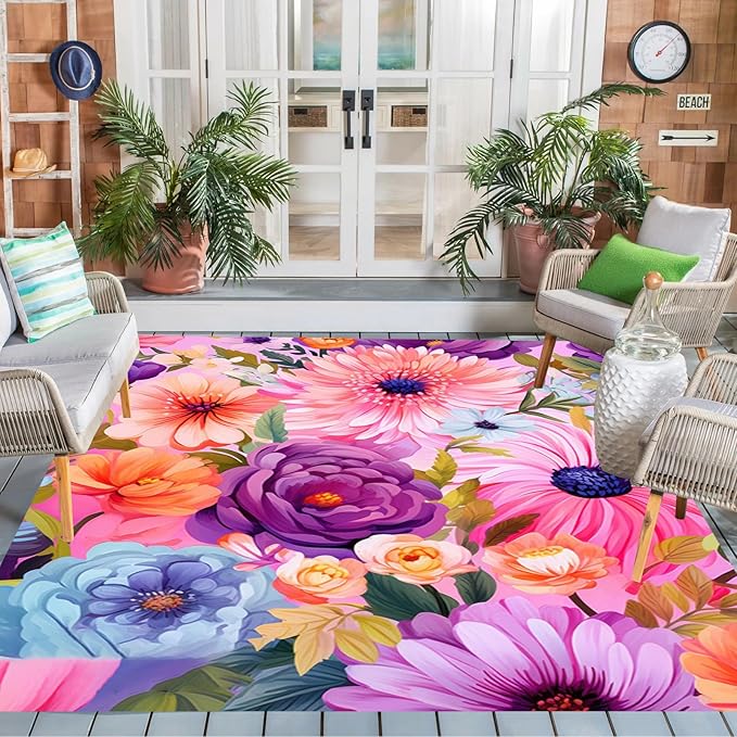 Outdoor Flower Rug with Anti Slip Backing Vibrant Waterproof 6x9 Area Rugs for Patio Deck Balcony Camping Garden Porch Large Floral Outside Carpet Blue Pink Purple Aesthetic Thick Mat