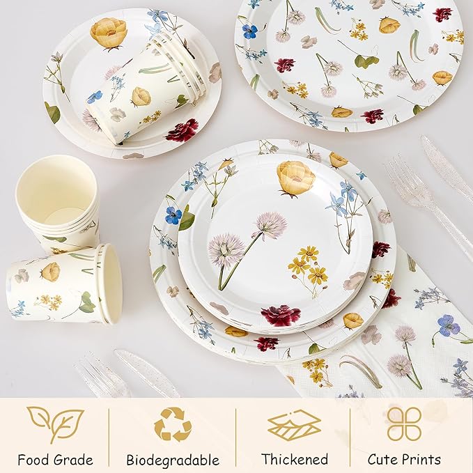 144Pcs Spring Wildflower Party Supplies Birthday Decorations Paper Plates Napkins Vintage Puppy Party Tableware Disposable Dinnerware Set for Baby In Bloom Baby Shower Decoration Decor, Serve 24
