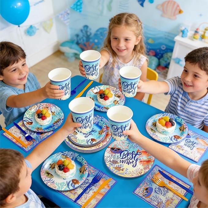 144Pcs Under the Sea Animal Birthday Party Supplies Decorations Paper Plates Napkins Vintage Party Tableware Disposable Tropical Ocean Dinnerware Set for Kids Birthday Baby Shower Table Decor Serve 24